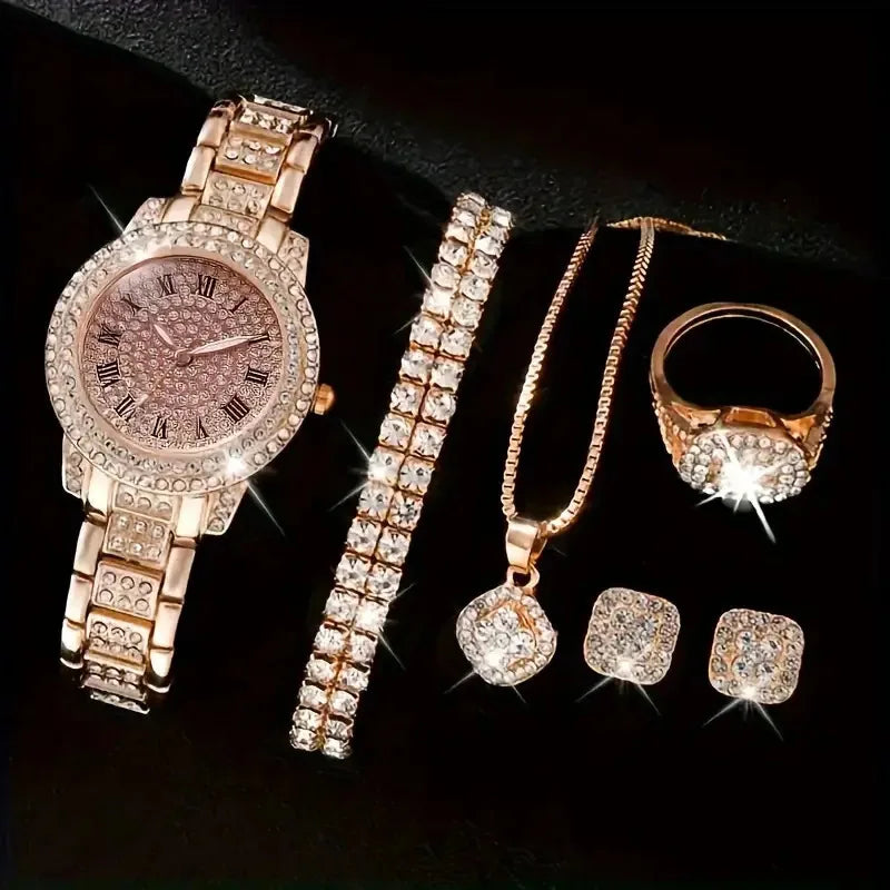 Luxury Watch & Jewelry Set – Gold, Silver & Rose Gold Bling Edition (5PCS)