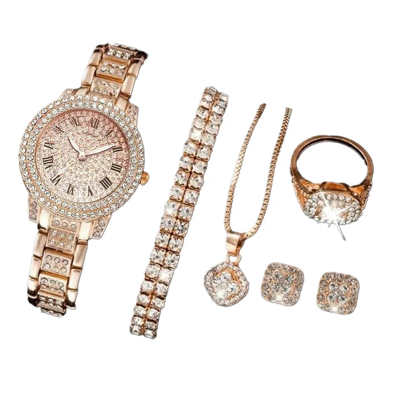 Luxury Watch & Jewelry Set – Gold, Silver & Rose Gold Bling Edition (5PCS)