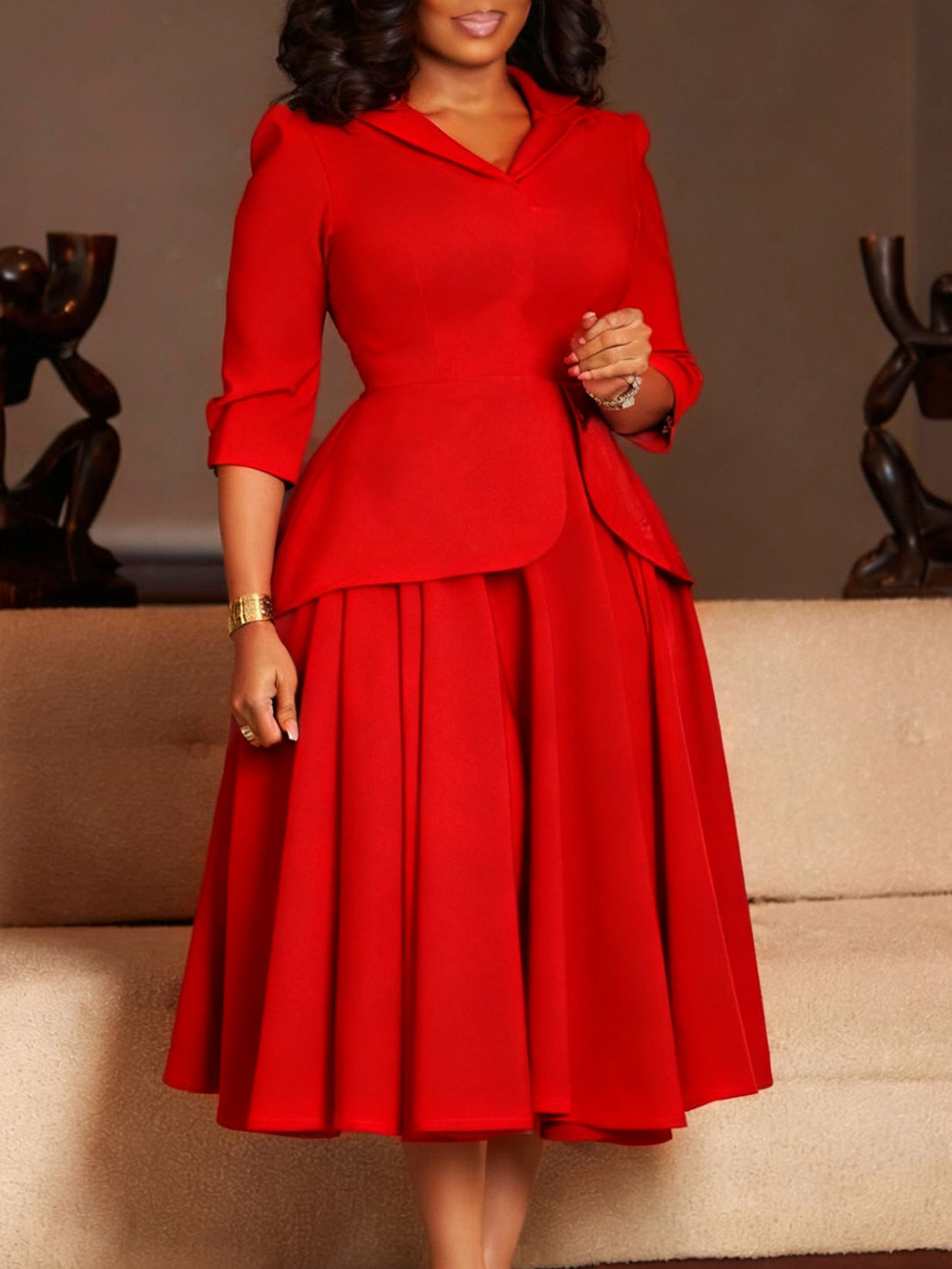 D3351 European And American Export Women's Clothing Autumn Fashion Three-Quarter Sleeve Suit Collar Solid Color Large Skirt Plus Size African Dress