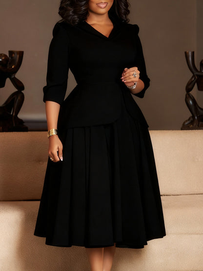 D3351 European And American Export Women's Clothing Autumn Fashion Three-Quarter Sleeve Suit Collar Solid Color Large Skirt Plus Size African Dress