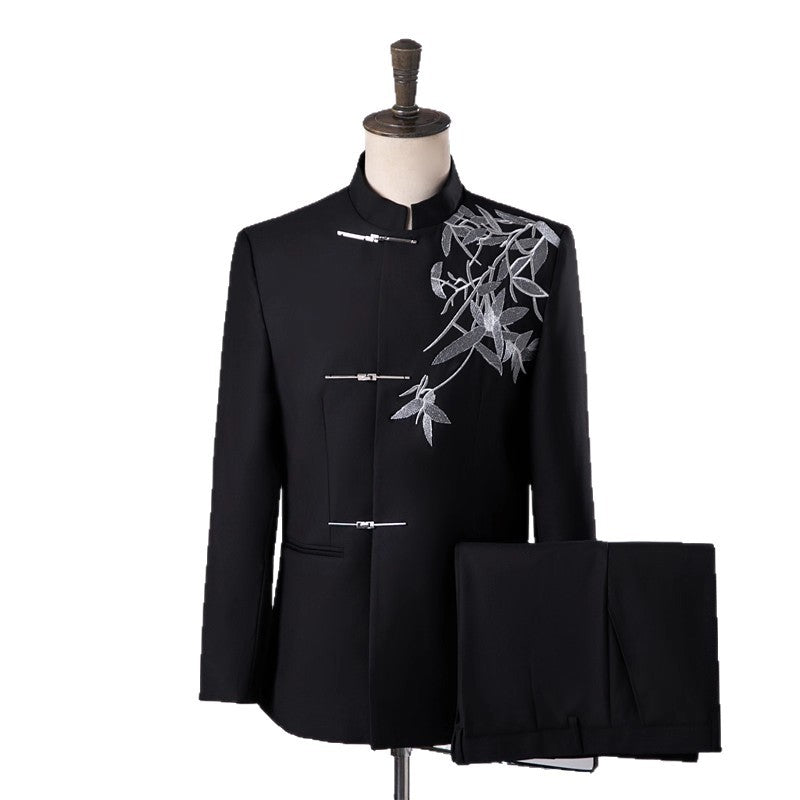 New Style Chinese-Style Men's Embroidered Formal Suit Set For Photo Studio Wedding Photography Black Stand-Up Collar Suit Banquet Blazer