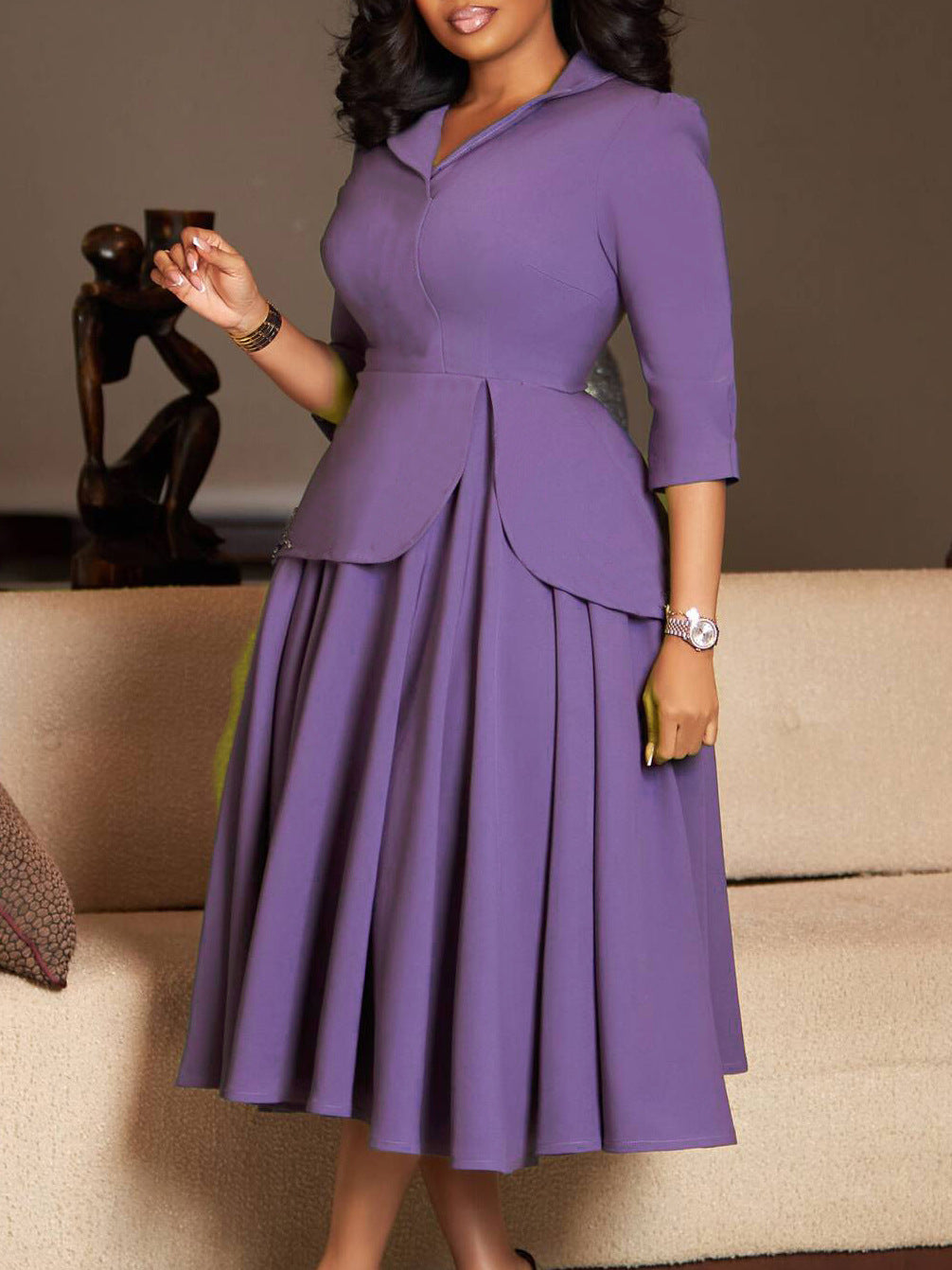 D3351 European And American Export Women's Clothing Autumn Fashion Three-Quarter Sleeve Suit Collar Solid Color Large Skirt Plus Size African Dress