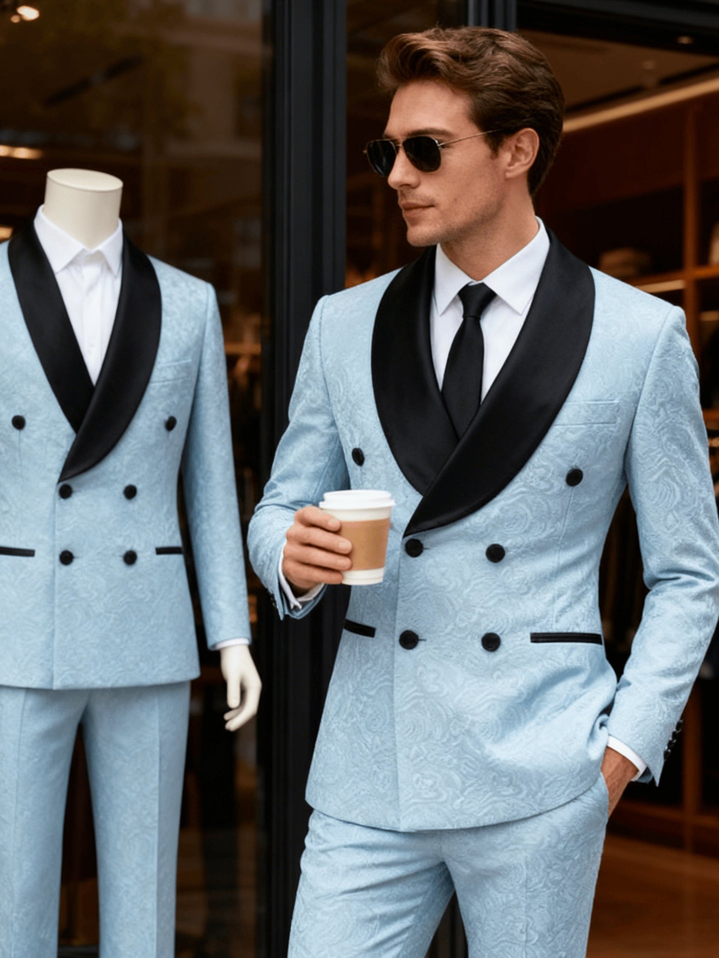 Men's Two-Piece Suit With Jacquard Pattern And Mandarin Collar For Foreign Trade, European And American Style Groom's Formal Wear, Evening Host Performance Attire