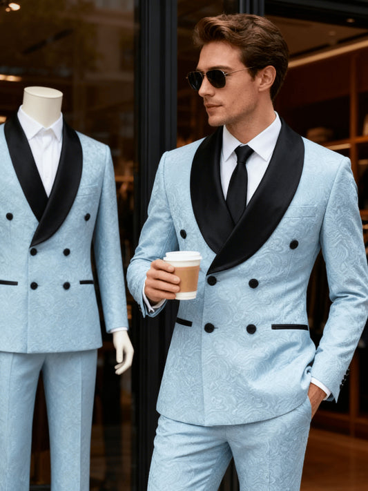 Men's Two-Piece Suit With Jacquard Pattern And Mandarin Collar For Foreign Trade, European And American Style Groom's Formal Wear, Evening Host Performance Attire