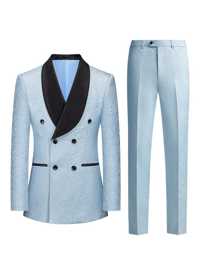 Men's Two-Piece Suit With Jacquard Pattern And Mandarin Collar For Foreign Trade, European And American Style Groom's Formal Wear, Evening Host Performance Attire