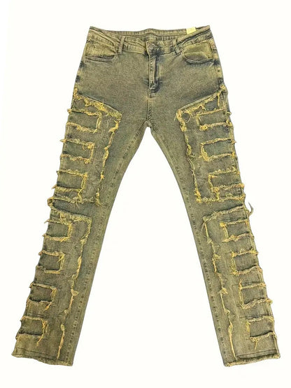 Men's Jeans With Multi-Craft Raw Edges, Slim Straight Pants, Street Style, Rap Style, Nostalgic Blue Men's Trousers