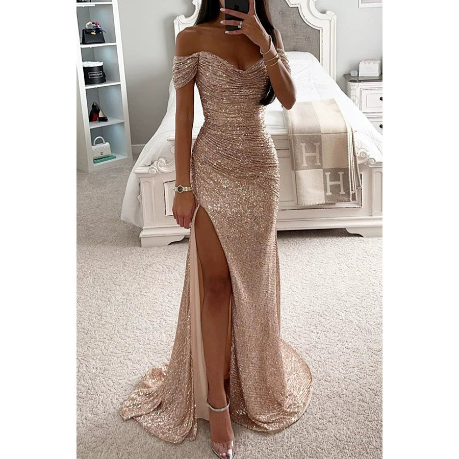 Luxury Sequin Off-Shoulder Split Evening Dress