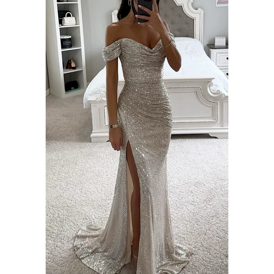 Luxury Sequin Off-Shoulder Split Evening Dress