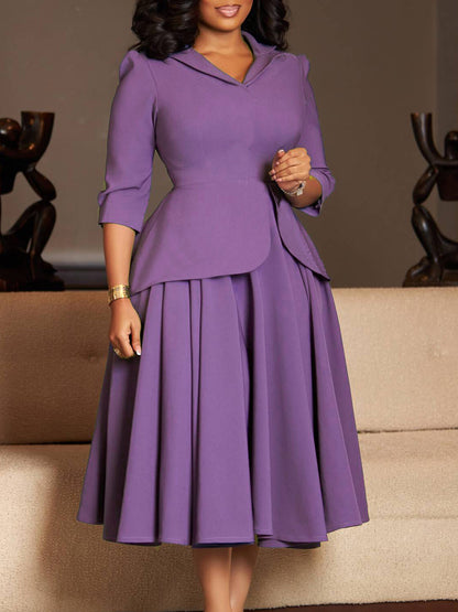 D3351 European And American Export Women's Clothing Autumn Fashion Three-Quarter Sleeve Suit Collar Solid Color Large Skirt Plus Size African Dress