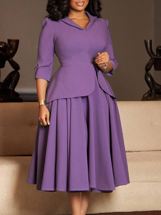 D3351 European And American Export Women's Clothing Autumn Fashion Three-Quarter Sleeve Suit Collar Solid Color Large Skirt Plus Size African Dress