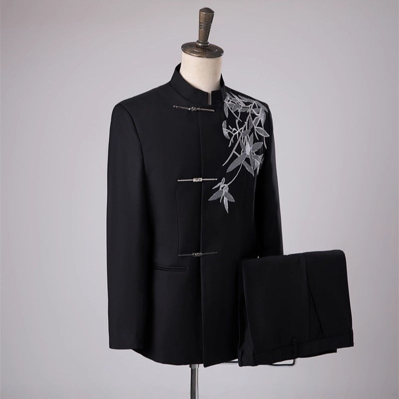 New Style Chinese-Style Men's Embroidered Formal Suit Set For Photo Studio Wedding Photography Black Stand-Up Collar Suit Banquet Blazer