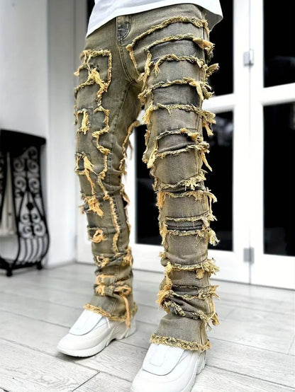 Men's Jeans With Multi-Craft Raw Edges, Slim Straight Pants, Street Style, Rap Style, Nostalgic Blue Men's Trousers