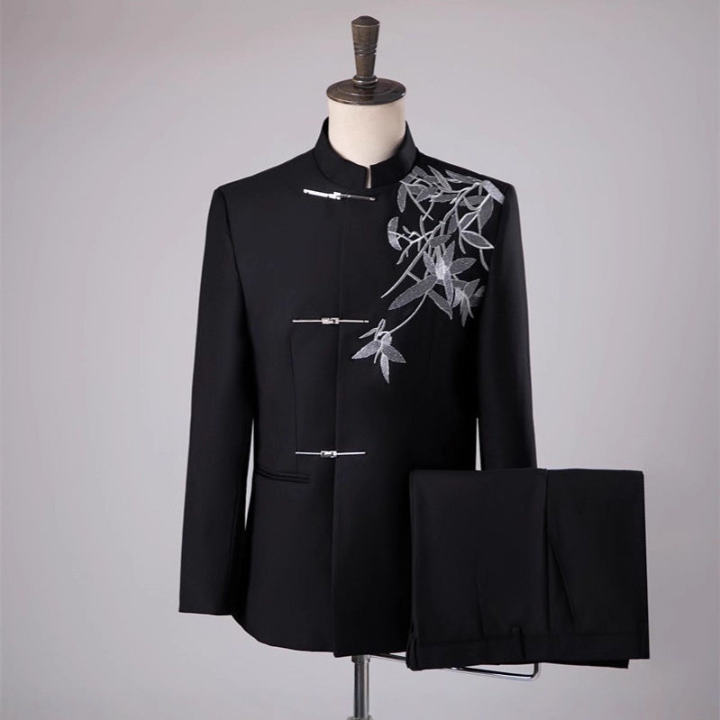 New Style Chinese-Style Men's Embroidered Formal Suit Set For Photo Studio Wedding Photography Black Stand-Up Collar Suit Banquet Blazer