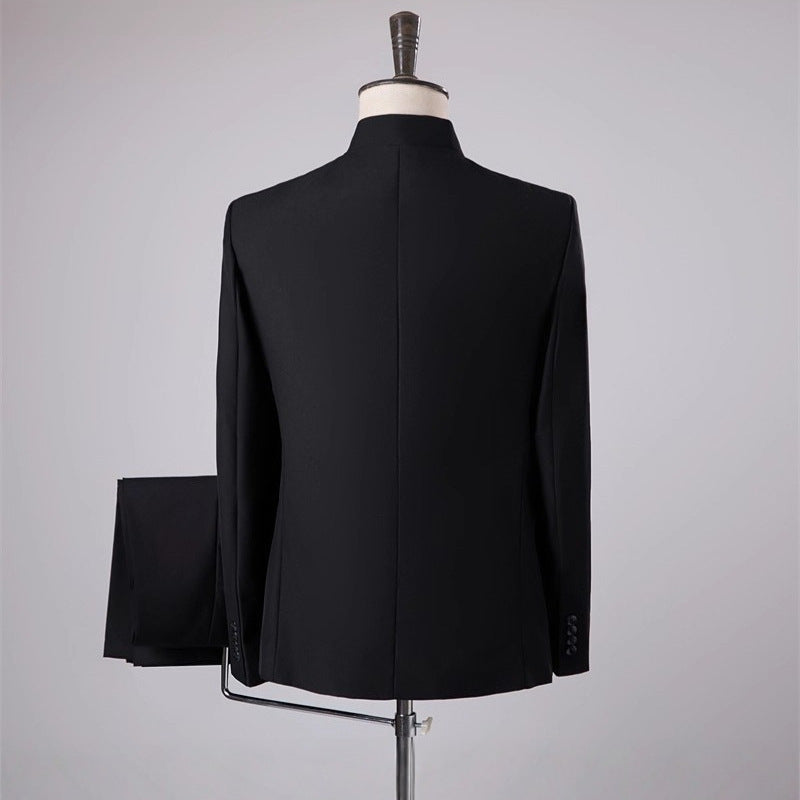 New Style Chinese-Style Men's Embroidered Formal Suit Set For Photo Studio Wedding Photography Black Stand-Up Collar Suit Banquet Blazer