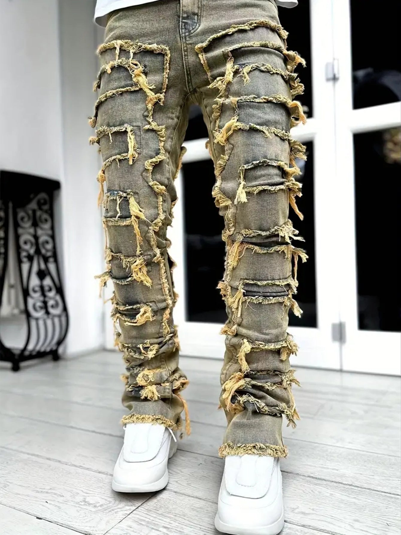 Men's Jeans With Multi-Craft Raw Edges, Slim Straight Pants, Street Style, Rap Style, Nostalgic Blue Men's Trousers