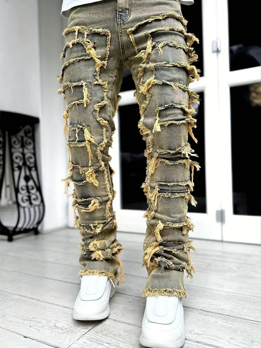 Men's Jeans With Multi-Craft Raw Edges, Slim Straight Pants, Street Style, Rap Style, Nostalgic Blue Men's Trousers