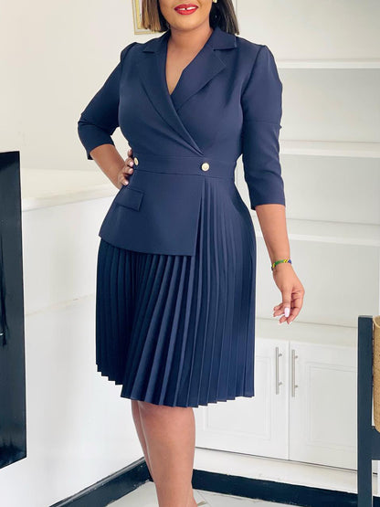 D543 Foreign Trade Women's Clothing Amazon 2024 Autumn New Fashion Temperament Suit Collar Solid Color Pleated African Dress