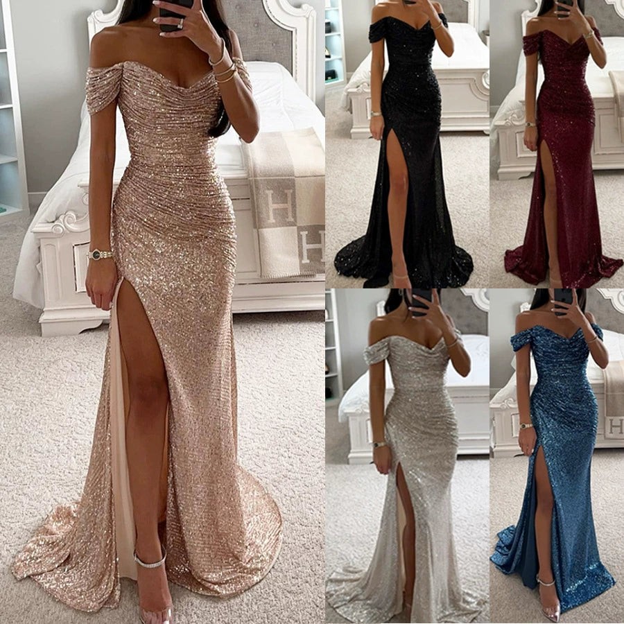 Luxury Sequin Off-Shoulder Split Evening Dress