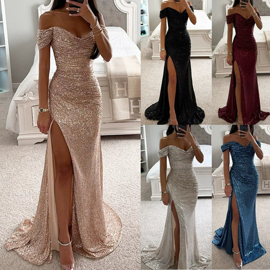 Luxury Sequin Off-Shoulder Split Evening Dress