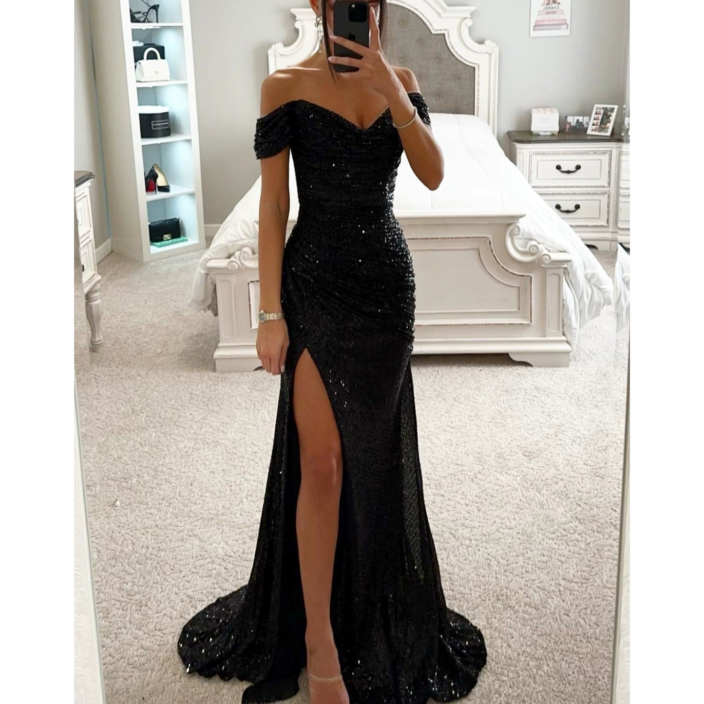 Luxury Sequin Off-Shoulder Split Evening Dress