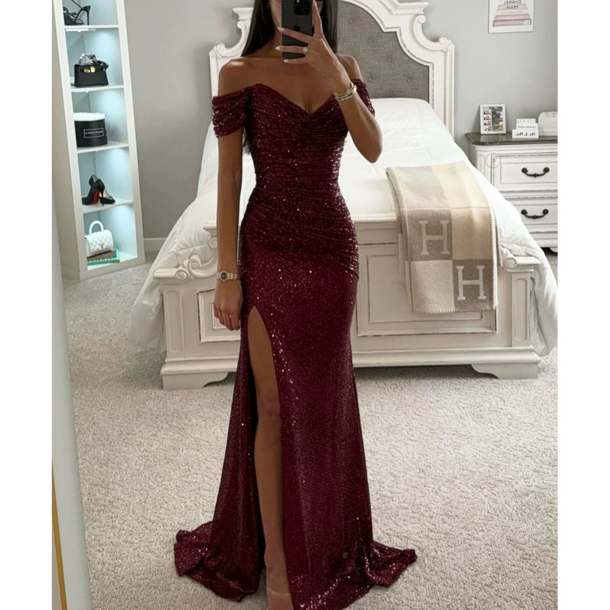 Luxury Sequin Off-Shoulder Split Evening Dress