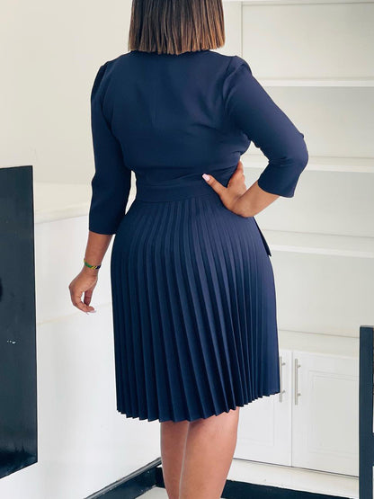 D543 Foreign Trade Women's Clothing Amazon 2024 Autumn New Fashion Temperament Suit Collar Solid Color Pleated African Dress
