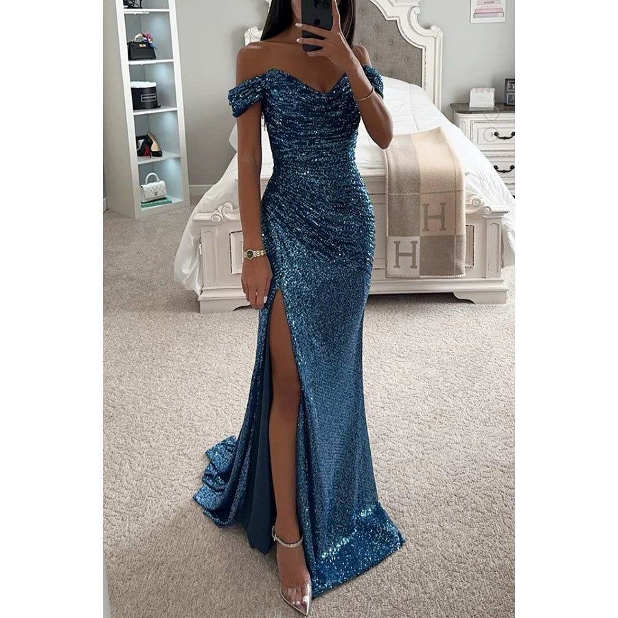 Luxury Sequin Off-Shoulder Split Evening Dress