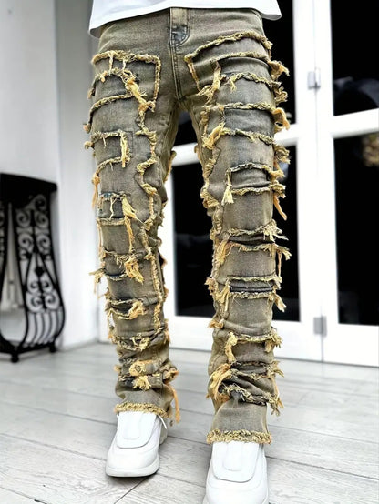 Men's Jeans With Multi-Craft Raw Edges, Slim Straight Pants, Street Style, Rap Style, Nostalgic Blue Men's Trousers
