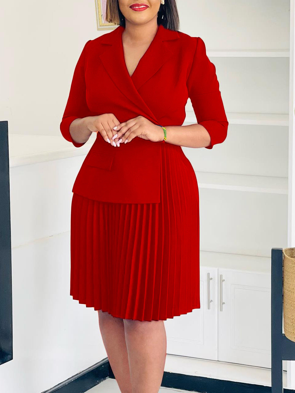 D543 Foreign Trade Women's Clothing Amazon 2024 Autumn New Fashion Temperament Suit Collar Solid Color Pleated African Dress
