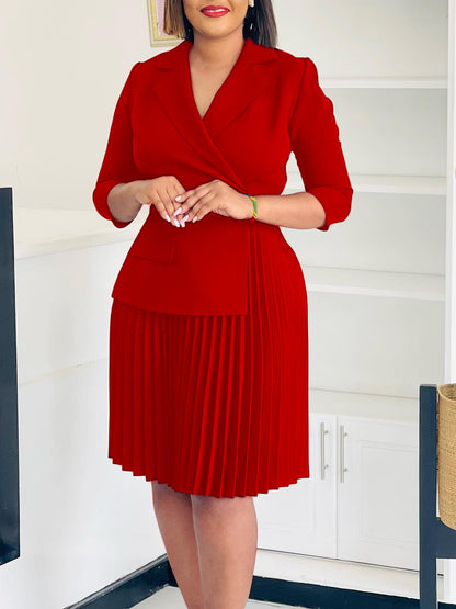 D543 Foreign Trade Women's Clothing Amazon 2024 Autumn New Fashion Temperament Suit Collar Solid Color Pleated African Dress