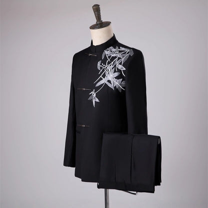 New Style Chinese-Style Men's Embroidered Formal Suit Set For Photo Studio Wedding Photography Black Stand-Up Collar Suit Banquet Blazer