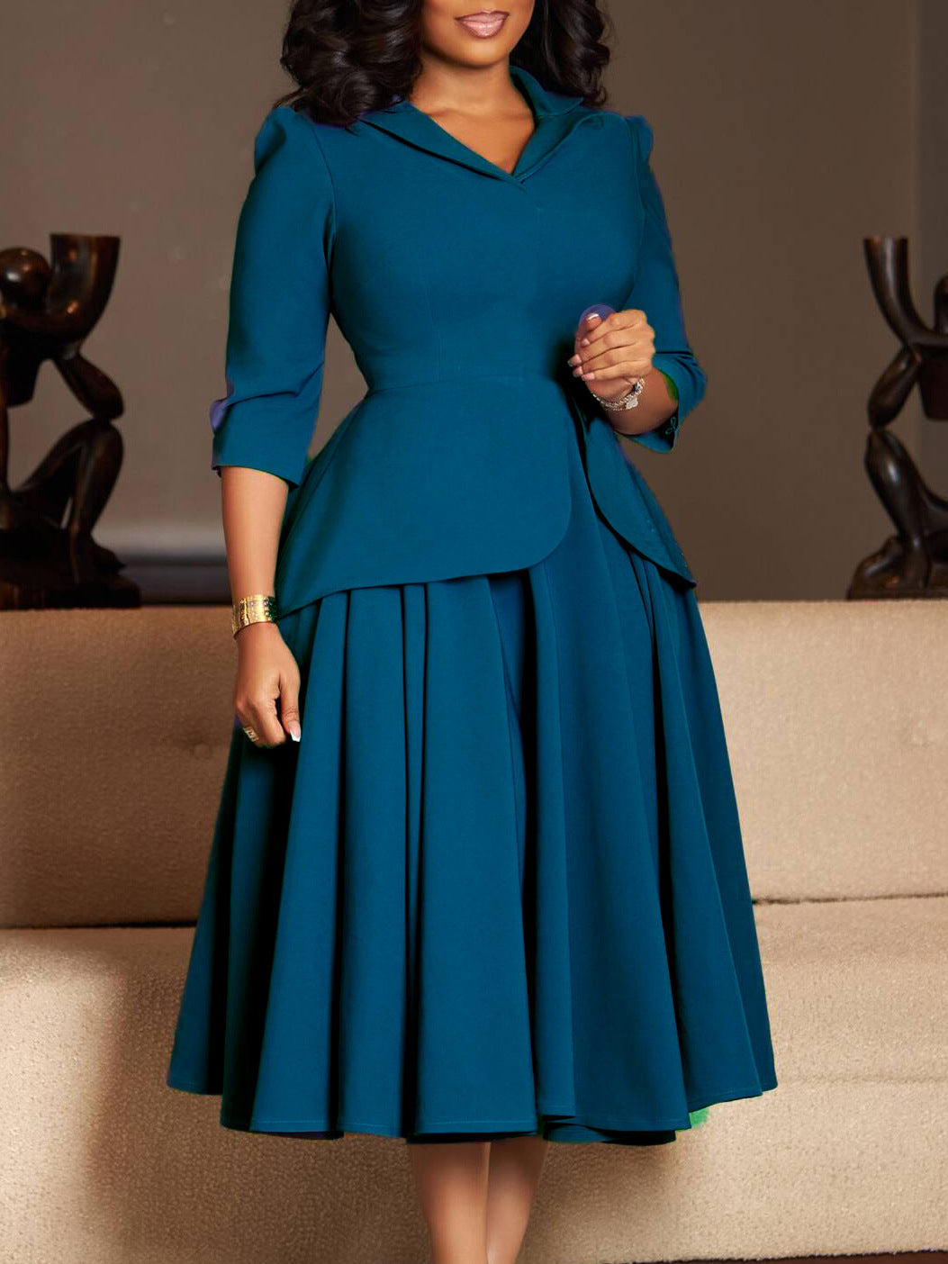 D3351 European And American Export Women's Clothing Autumn Fashion Three-Quarter Sleeve Suit Collar Solid Color Large Skirt Plus Size African Dress