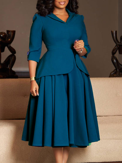 D3351 European And American Export Women's Clothing Autumn Fashion Three-Quarter Sleeve Suit Collar Solid Color Large Skirt Plus Size African Dress