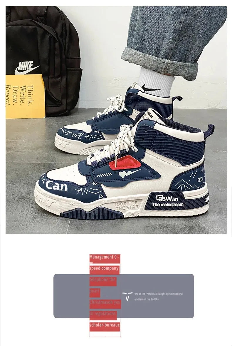 Luxury High-Top Leather Sneakers – Color Block Design | Thick Sole Streetwear