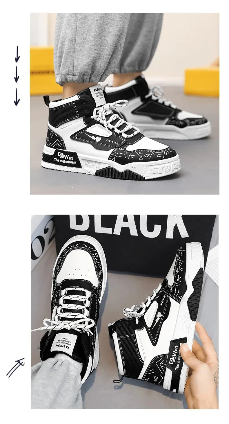 Luxury High-Top Leather Sneakers – Color Block Design | Thick Sole Streetwear