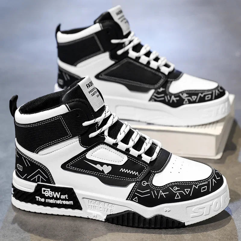 Luxury High-Top Leather Sneakers – Color Block Design | Thick Sole Streetwear