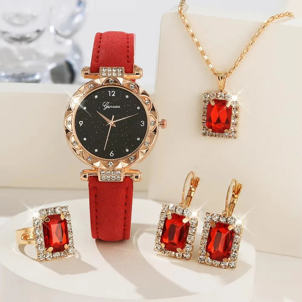 Luxury Women’s Watch & Jewelry Set – Rhinestone Elegance (5-Piece Gift Set)