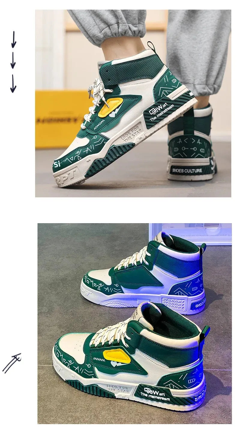 Luxury High-Top Leather Sneakers – Color Block Design | Thick Sole Streetwear