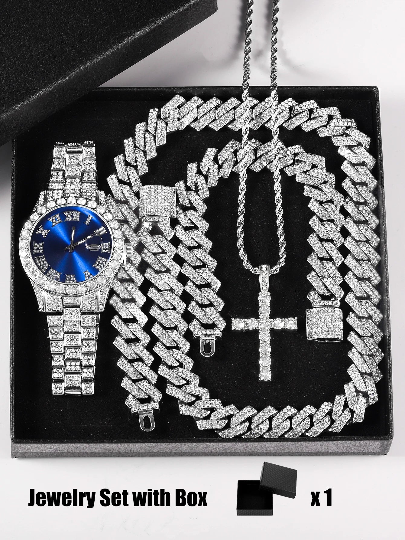 Iced-Out Luxury Watch & Cuban Chain Set – Cross Pendant Edition (Unisex)