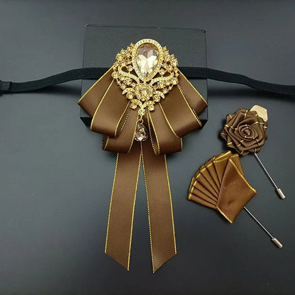 Luxury Wedding Bow Tie Brooch Set Concert Accessories Men's Women's Suit Shirt Collar Flower Corsage 3pcs Sets Handmade Jewelry