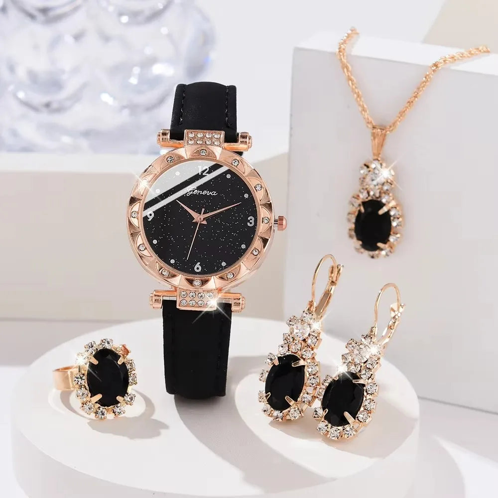 Luxury Women’s Watch & Jewelry Set – Rhinestone Elegance (5-Piece Gift Set)