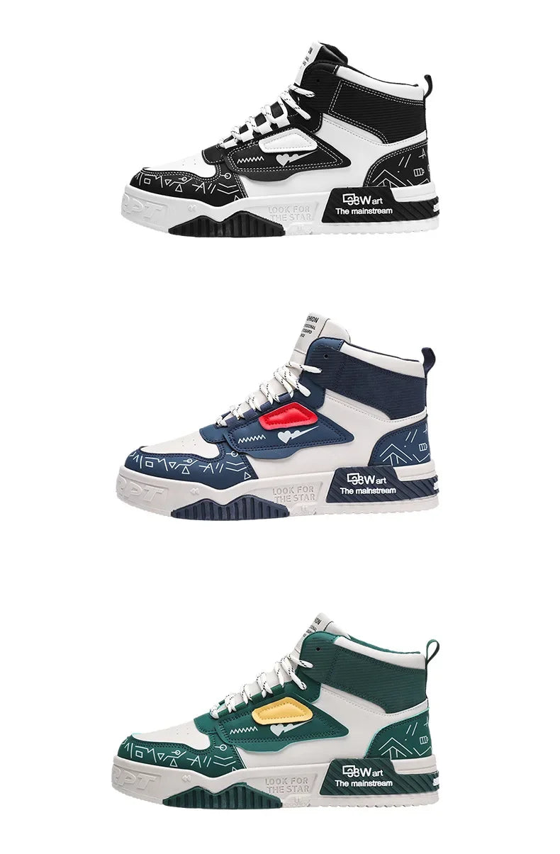 Luxury High-Top Leather Sneakers – Color Block Design | Thick Sole Streetwear