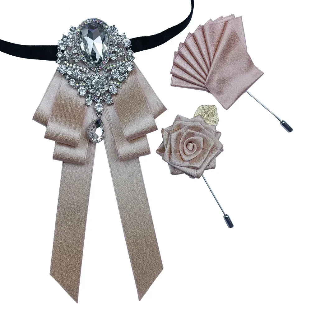 Luxury Wedding Bow Tie Brooch Set Concert Accessories Men's Women's Suit Shirt Collar Flower Corsage 3pcs Sets Handmade Jewelry