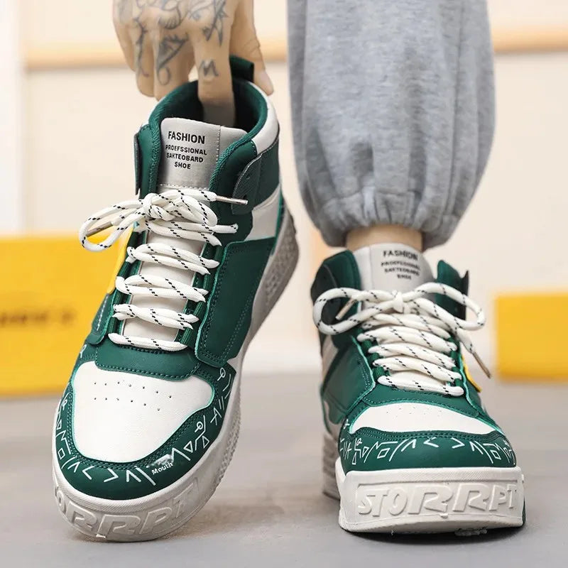 Luxury High-Top Leather Sneakers – Color Block Design | Thick Sole Streetwear