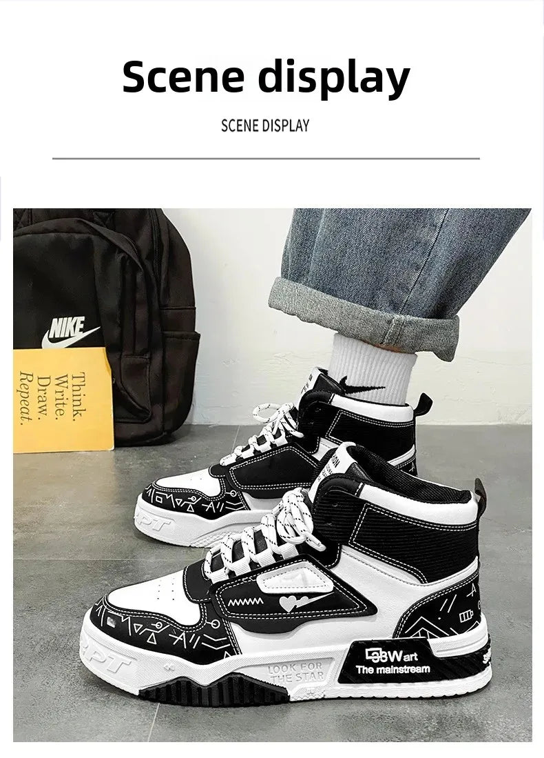 Luxury High-Top Leather Sneakers – Color Block Design | Thick Sole Streetwear