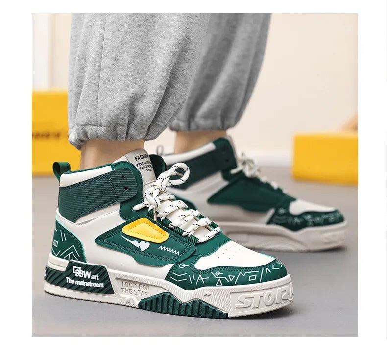 Luxury High-Top Leather Sneakers – Color Block Design | Thick Sole Streetwear