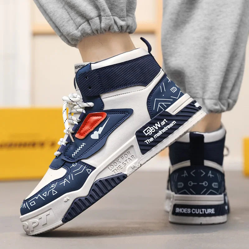 Luxury High-Top Leather Sneakers – Color Block Design | Thick Sole Streetwear