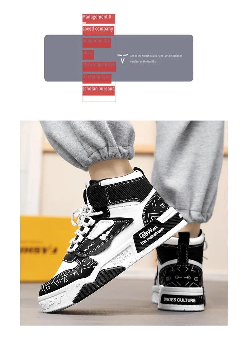 Luxury High-Top Leather Sneakers – Color Block Design | Thick Sole Streetwear