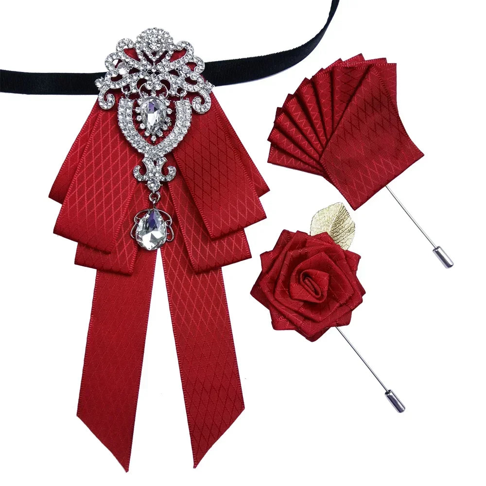 Luxury Wedding Bow Tie Brooch Set Concert Accessories Men's Women's Suit Shirt Collar Flower Corsage 3pcs Sets Handmade Jewelry