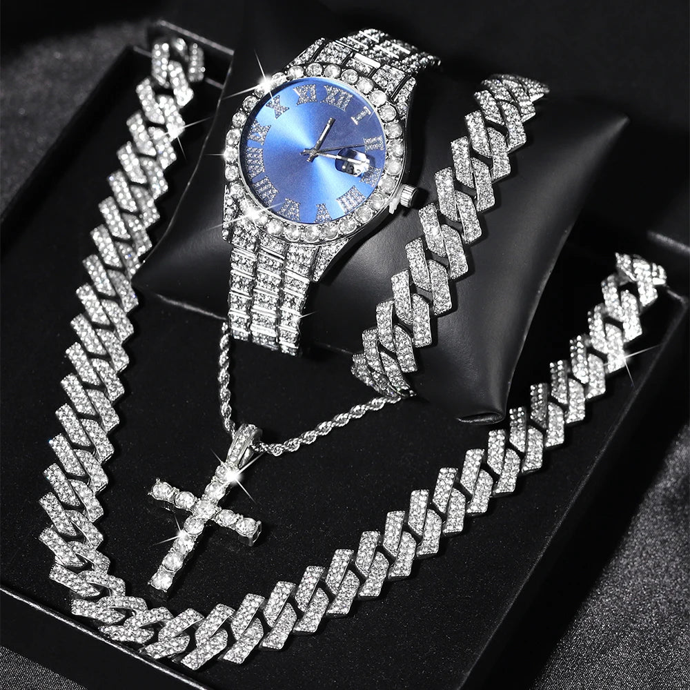 Iced-Out Luxury Watch & Cuban Chain Set – Cross Pendant Edition (Unisex)